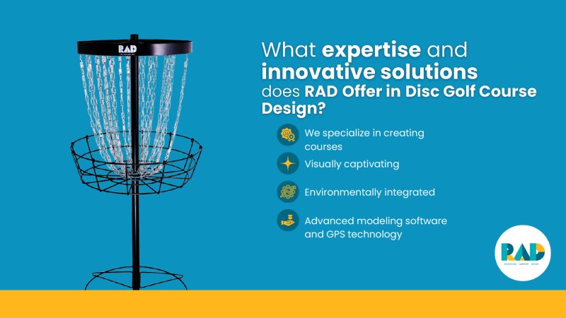 RAD card on the expertise and innovative solutions RAD offers in course design: specialist course creation, visually captivating and environmentally integrated design, advanced modelling software and GPS technology.