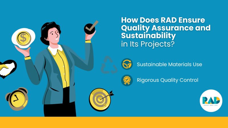 RAD card on quality assurance and sustainability, listing sustainable materials use and rigorous quality control.