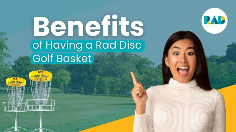 RAD card on the benefits of having a RAD disc golf basket, with a woman pointing towards two baskets.