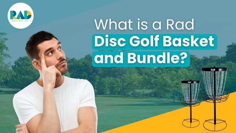 RAD card asking what is a RAD disc golf basket and bundle, with a man in a thoughtful pose beside two baskets.