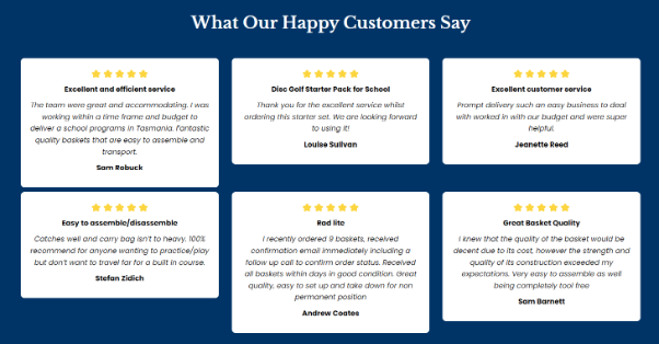A customer review panel headed what our happy customers say, showing six five-star testimonials about service, quality and ease of assembly.