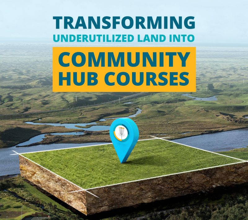 RAD card reading transforming underutilized land into community hub courses, showing a map pin dropped on a parcel of open riverside land.