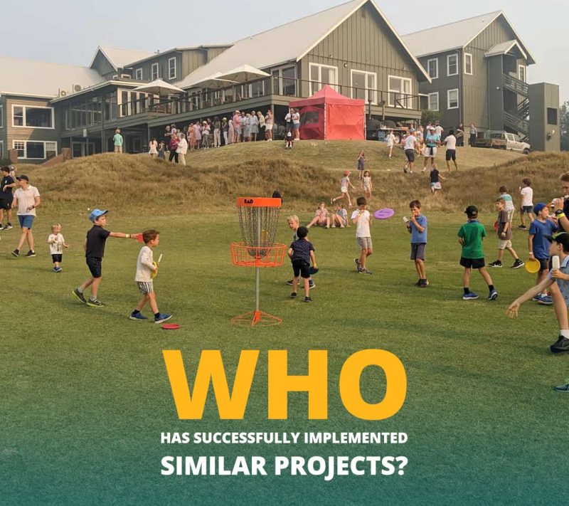RAD card asking who has successfully implemented similar projects, showing a school event beside a newly built tee pad.