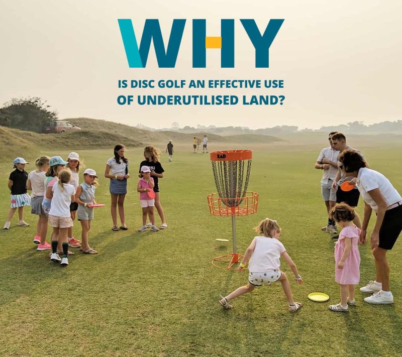RAD card asking why disc golf is an effective use of underutilised land, showing children and adults playing on open grass.