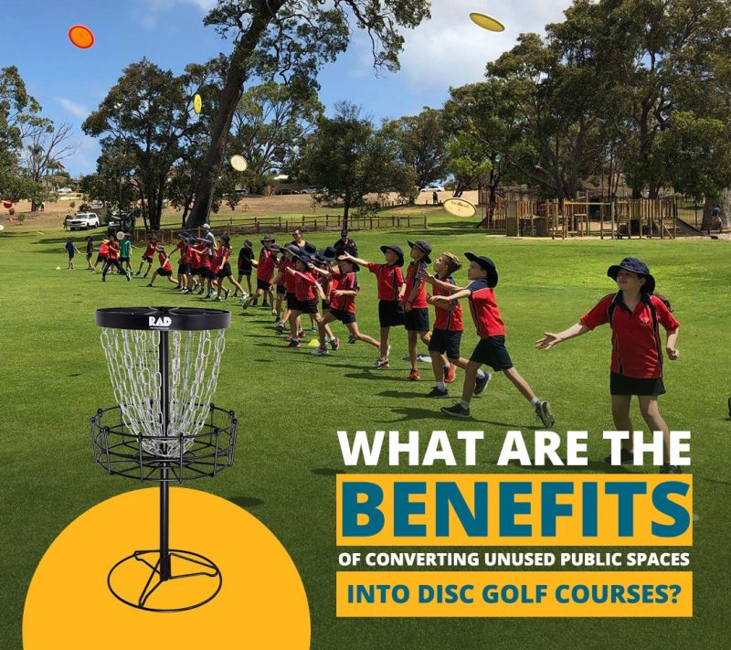 RAD card asking what the benefits are of converting unused public spaces into disc golf courses, showing school children playing around a basket.