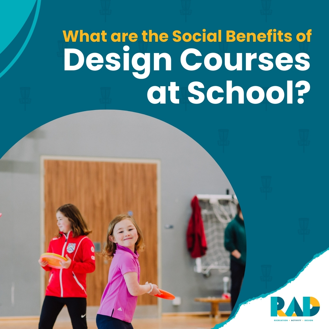 RAD card asking what the social benefits are of design courses at school, showing two girls throwing discs in a school hall.