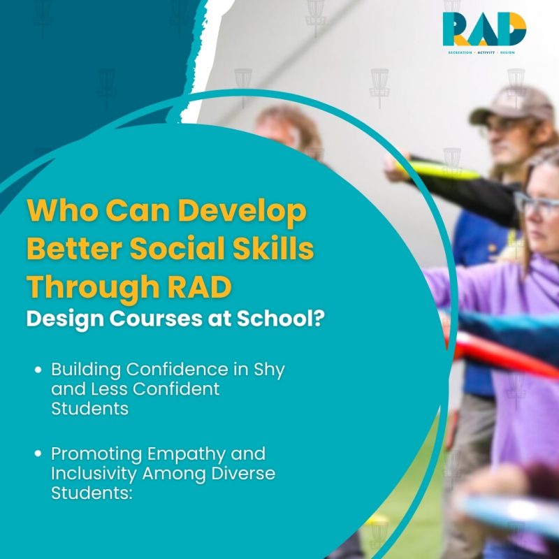 RAD card asking who can develop better social skills through design courses at school, listing building confidence in shy students and promoting empathy and inclusivity.