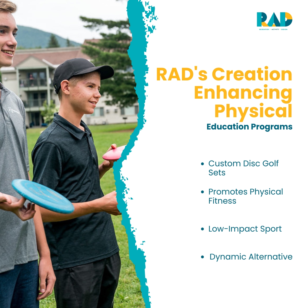 RAD card on enhancing physical education programs, listing custom disc golf sets, promotes physical fitness, low-impact sport and a dynamic alternative.