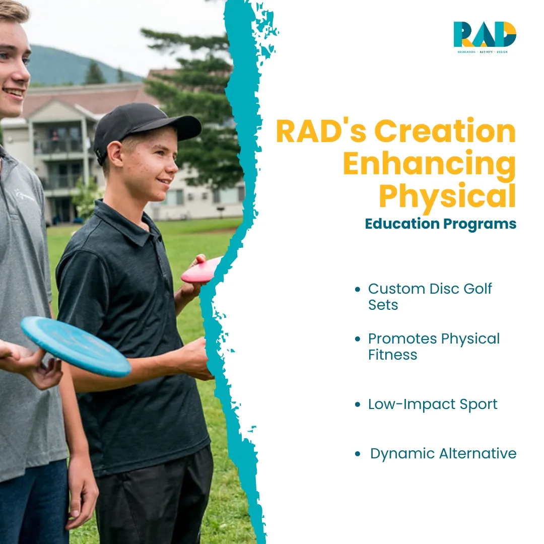 RAD card on enhancing physical education programs, listing custom disc golf sets, promotes physical fitness, low-impact sport and a dynamic alternative.