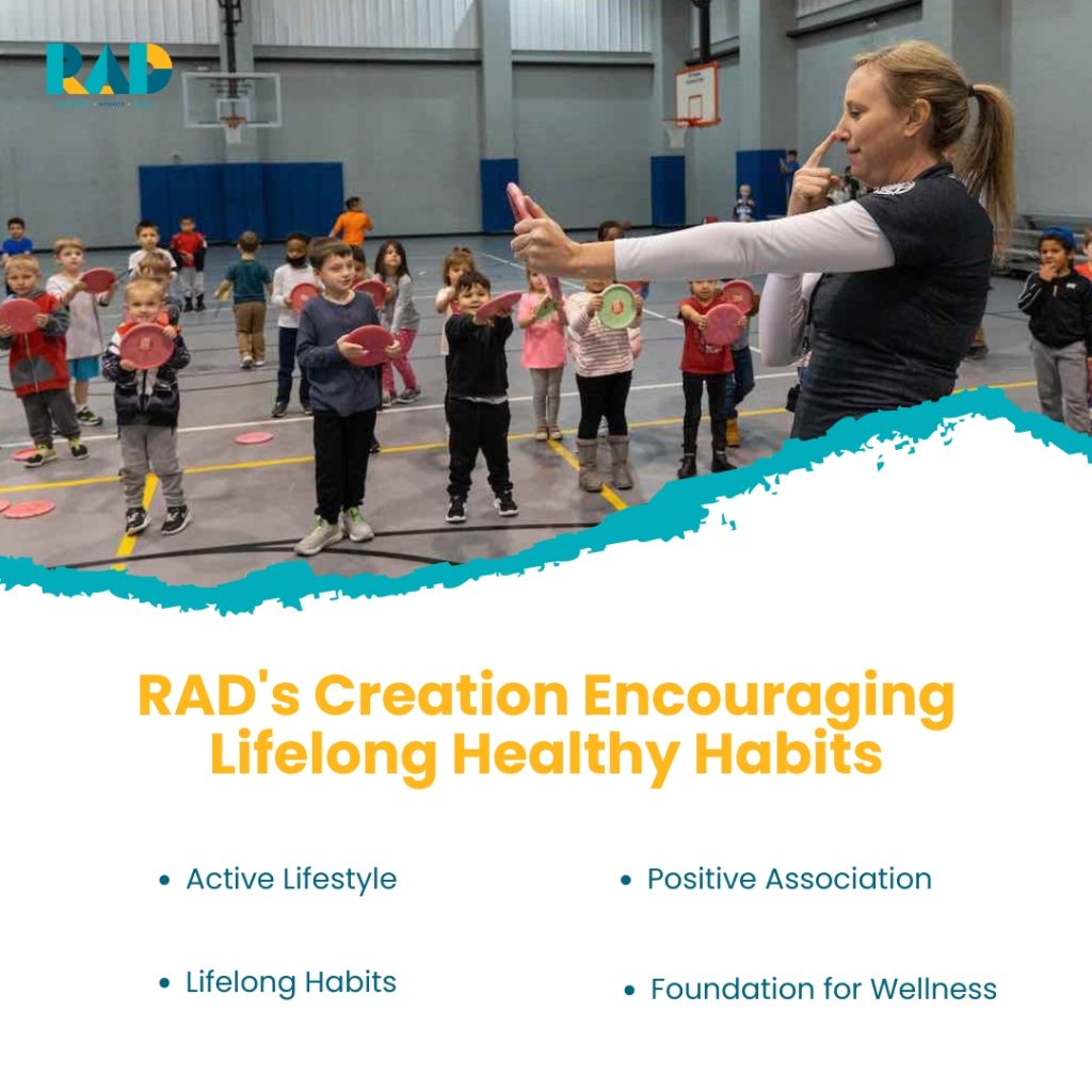 RAD card on encouraging lifelong healthy habits, listing active lifestyle, positive association, lifelong habits and a foundation for wellness, above a school hall session.