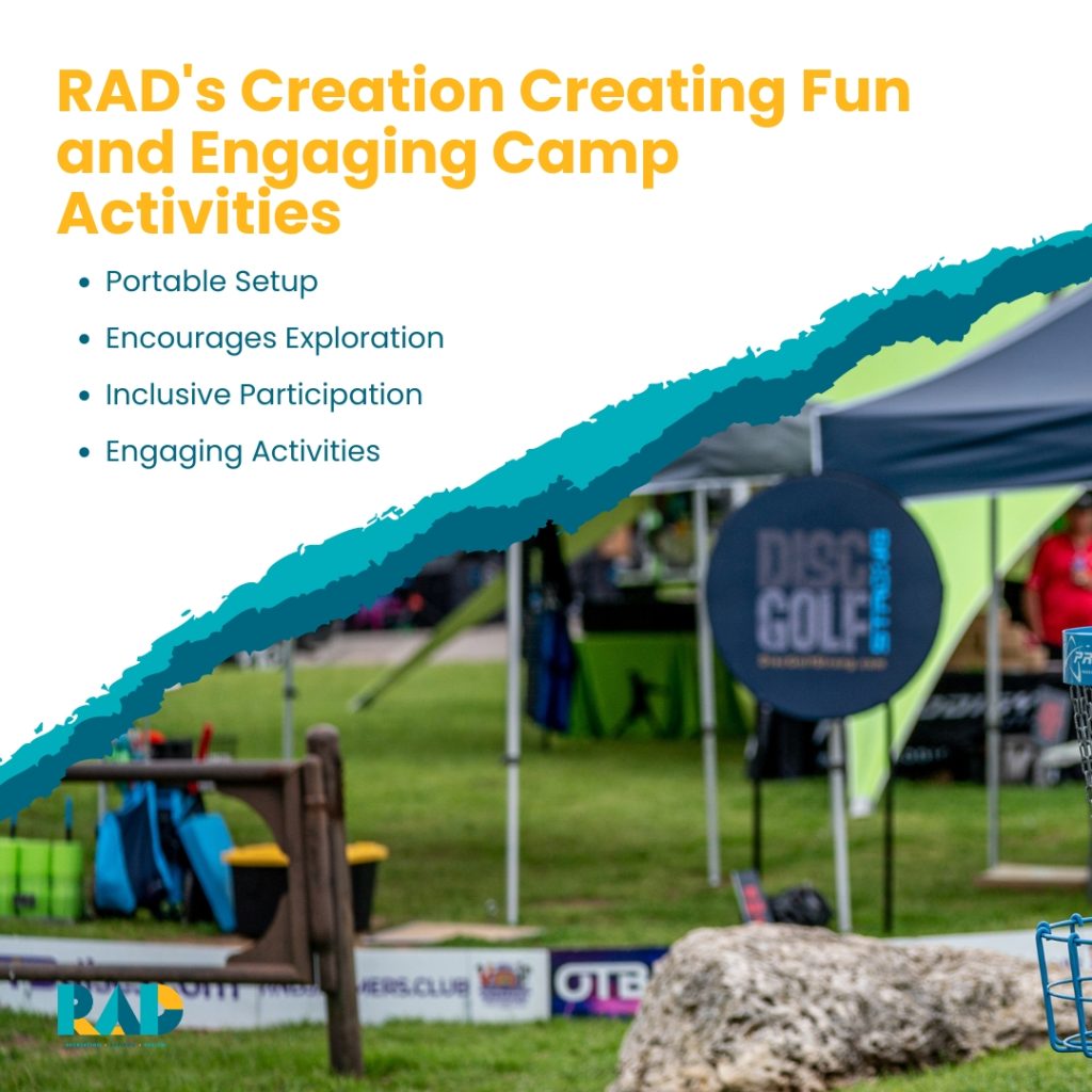 RAD card on creating fun and engaging camp activities, listing portable setup, encourages exploration, inclusive participation and engaging activities.