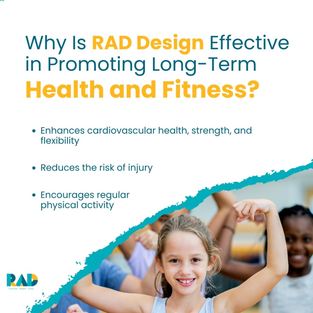 RAD card asking why RAD design is effective in promoting long-term health and fitness, listing cardiovascular health, reduced injury risk and regular physical activity.