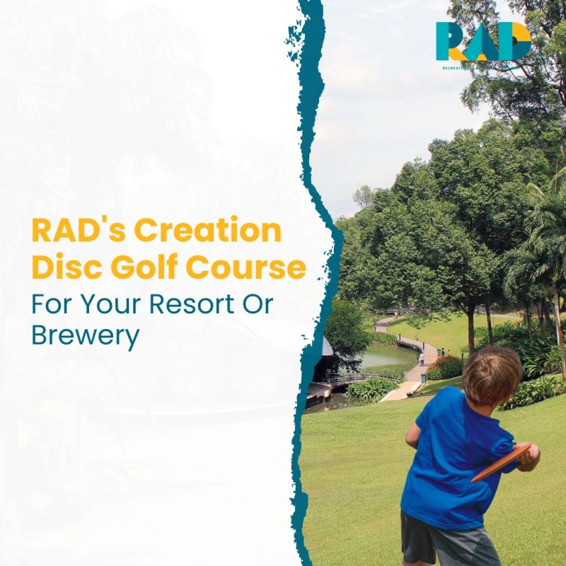 RAD card reading RAD's creation disc golf course for your resort or brewery, showing a child throwing on resort lawns.