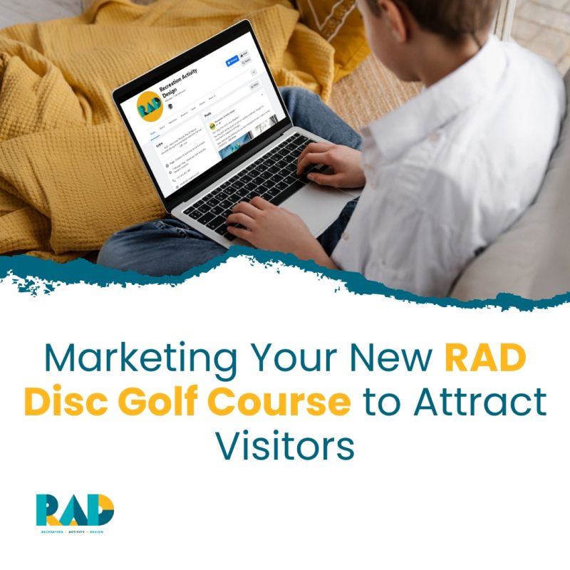 RAD card on marketing your new course to attract visitors, showing someone working at a laptop.