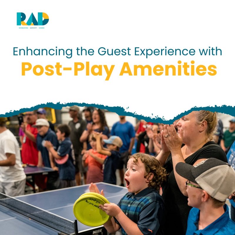 RAD card on enhancing the guest experience with post-play amenities, showing children playing table tennis after a round.