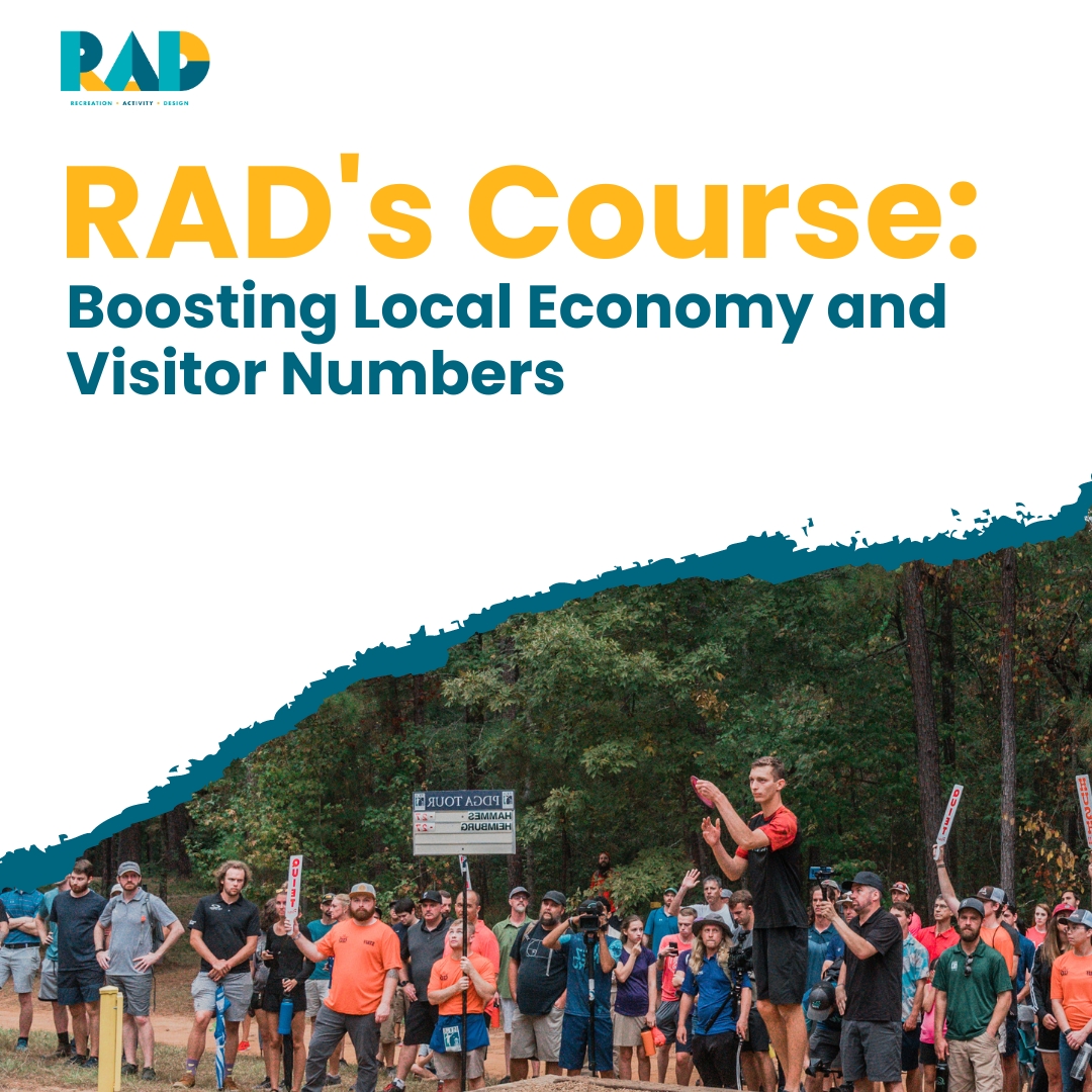 RAD title card reading RAD's course boosting local economy and visitor numbers, showing a large group of players at an event.