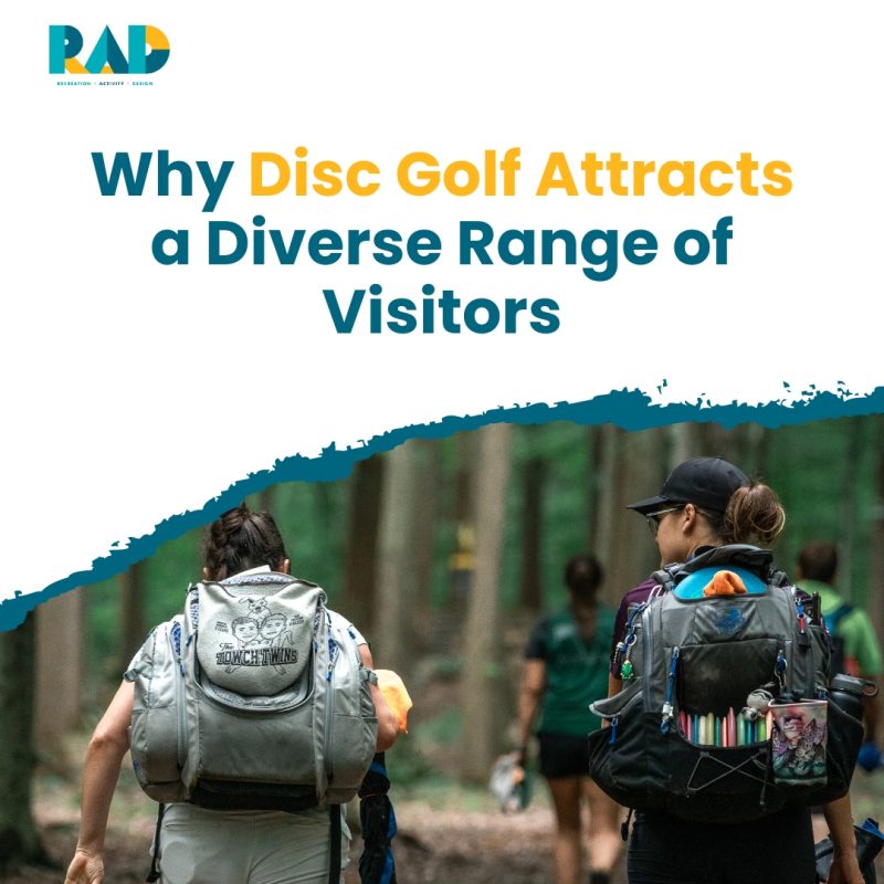 RAD card asking why disc golf attracts a diverse range of visitors, showing two players walking a wooded course with bags.