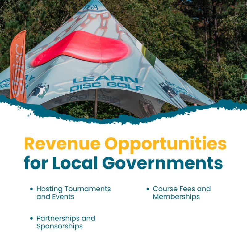 RAD card on revenue opportunities for local governments, listing hosting tournaments and events, course fees and memberships, and partnerships and sponsorships.