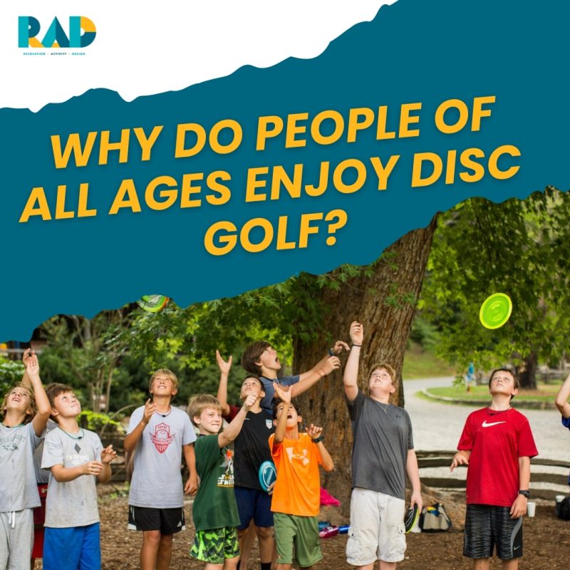 RAD card asking why people of all ages enjoy disc golf, showing a group of young people reaching for discs in the air.