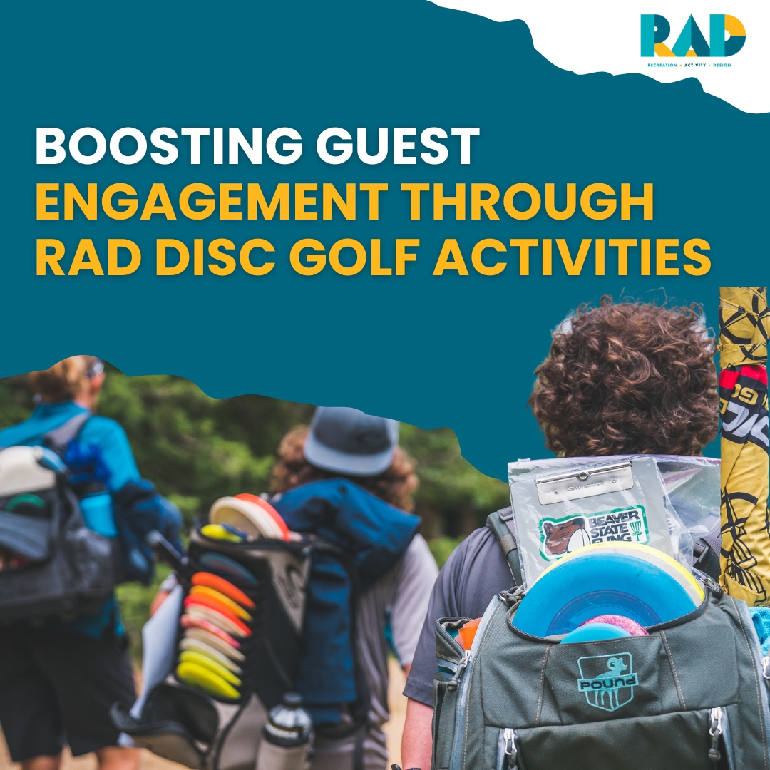 RAD title card reading boosting guest engagement through RAD disc golf activities, showing players walking with loaded disc golf bags.