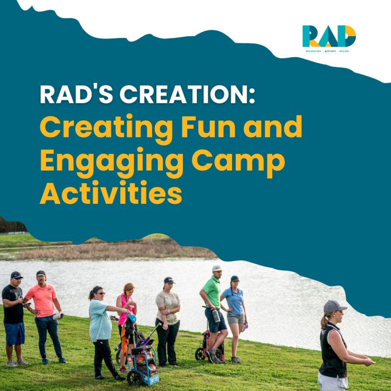 RAD title card for camp activities, showing players lined up along a lakeside fairway.