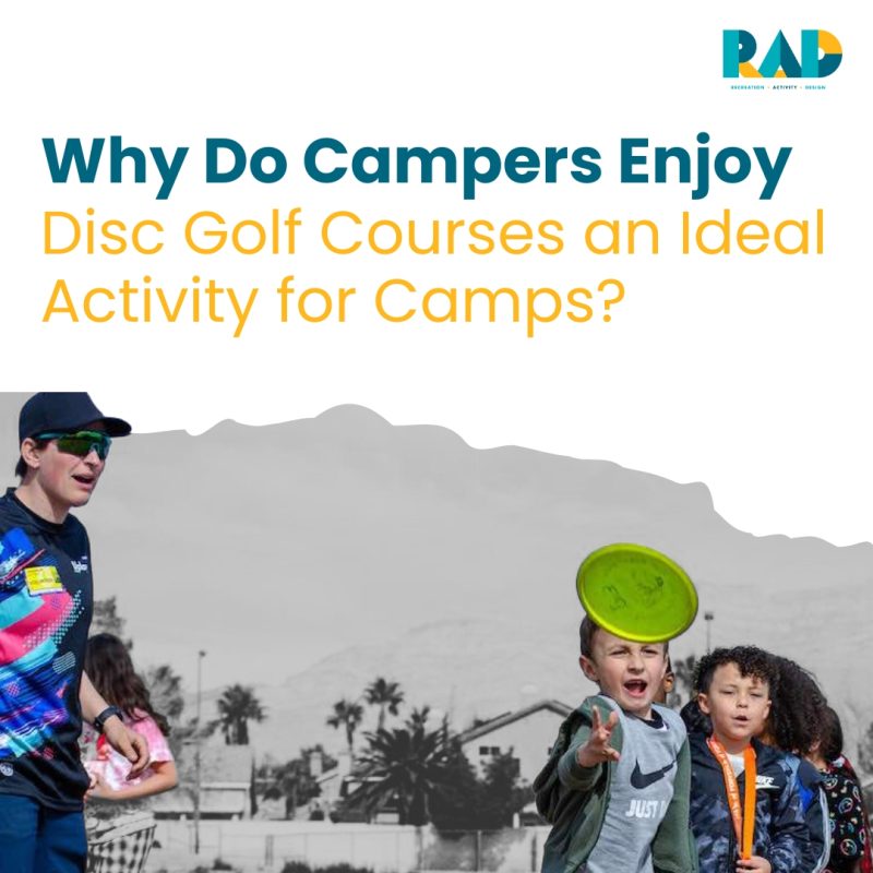 RAD card asking why campers enjoy disc golf courses, showing a child catching a green disc.