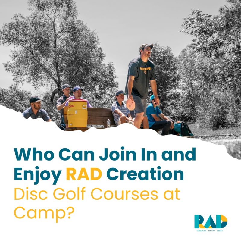 RAD card asking who can join in and enjoy RAD courses at camp, showing a group gathered around a cooler between holes.