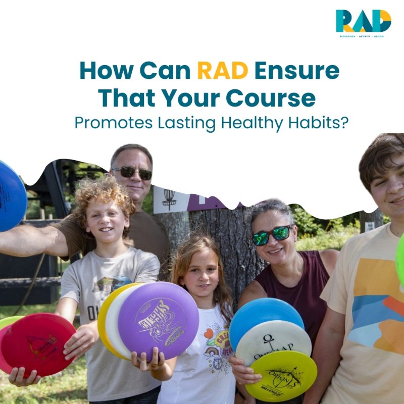 RAD card asking how RAD ensures a course promotes lasting healthy habits, showing a family holding an armful of discs.