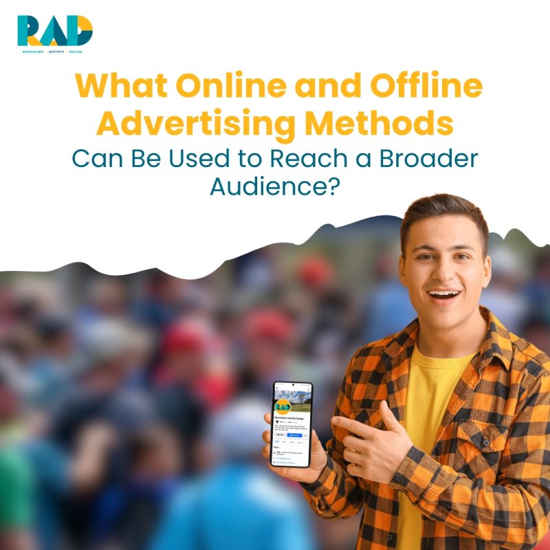 RAD card asking what online and offline advertising can reach a broader audience, showing a young man holding up a phone.