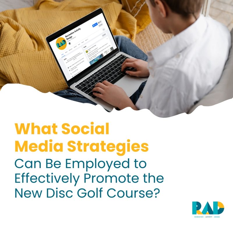 RAD card asking what social media strategies can promote a new course, showing someone browsing a social page on a laptop.