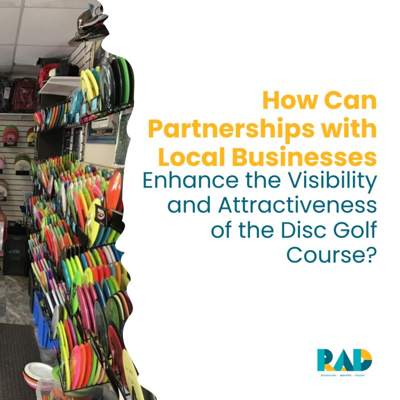 RAD card asking how partnerships with local businesses can raise a course's visibility, showing a retail rack stacked with discs.