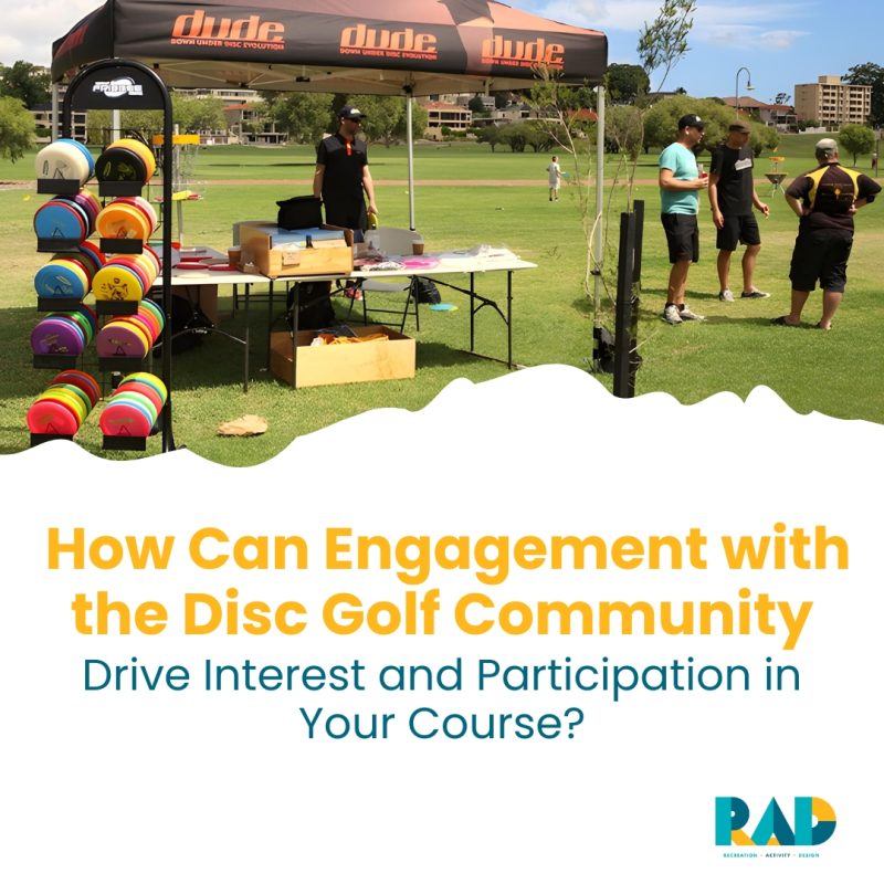 RAD card asking how engagement with the disc golf community drives interest and participation, showing a branded event marquee and disc racks.