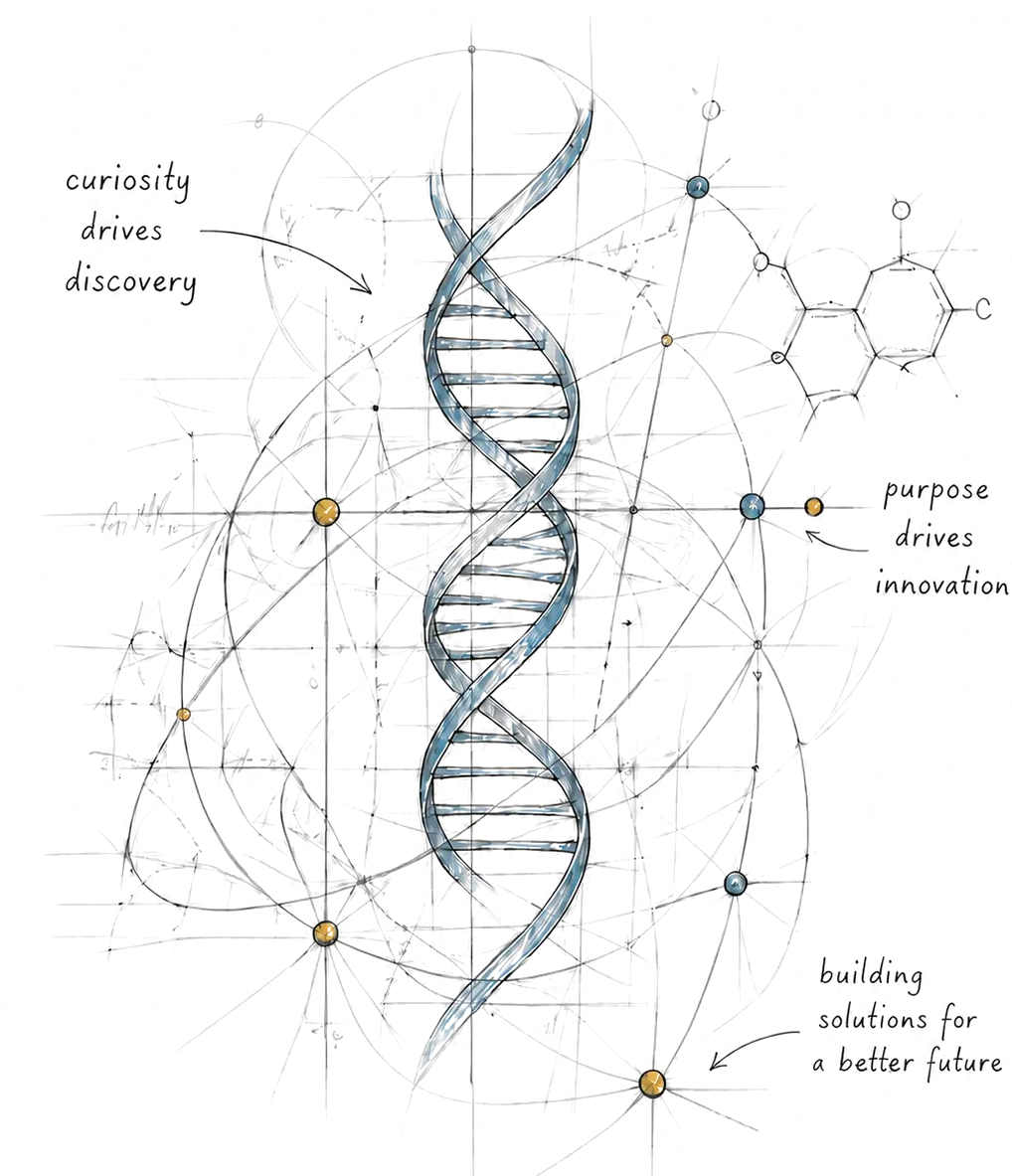 Cool graphic showing DNA strand with organic chemistry elements in background. Looks hand drawn.