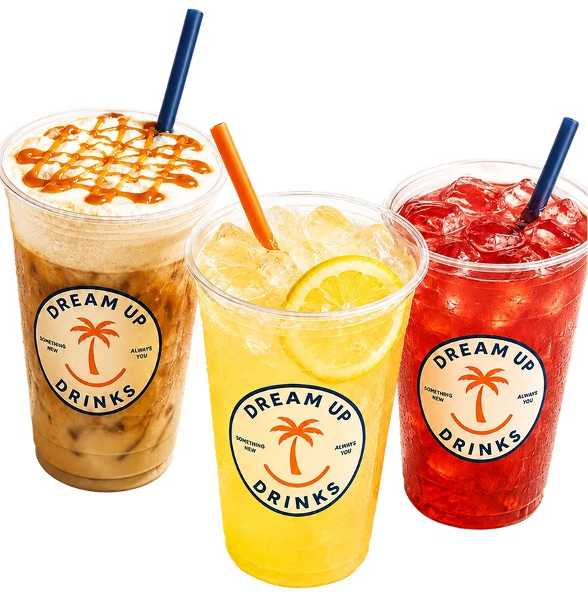 DreamUp iced coffee, lemonade and red energy drink