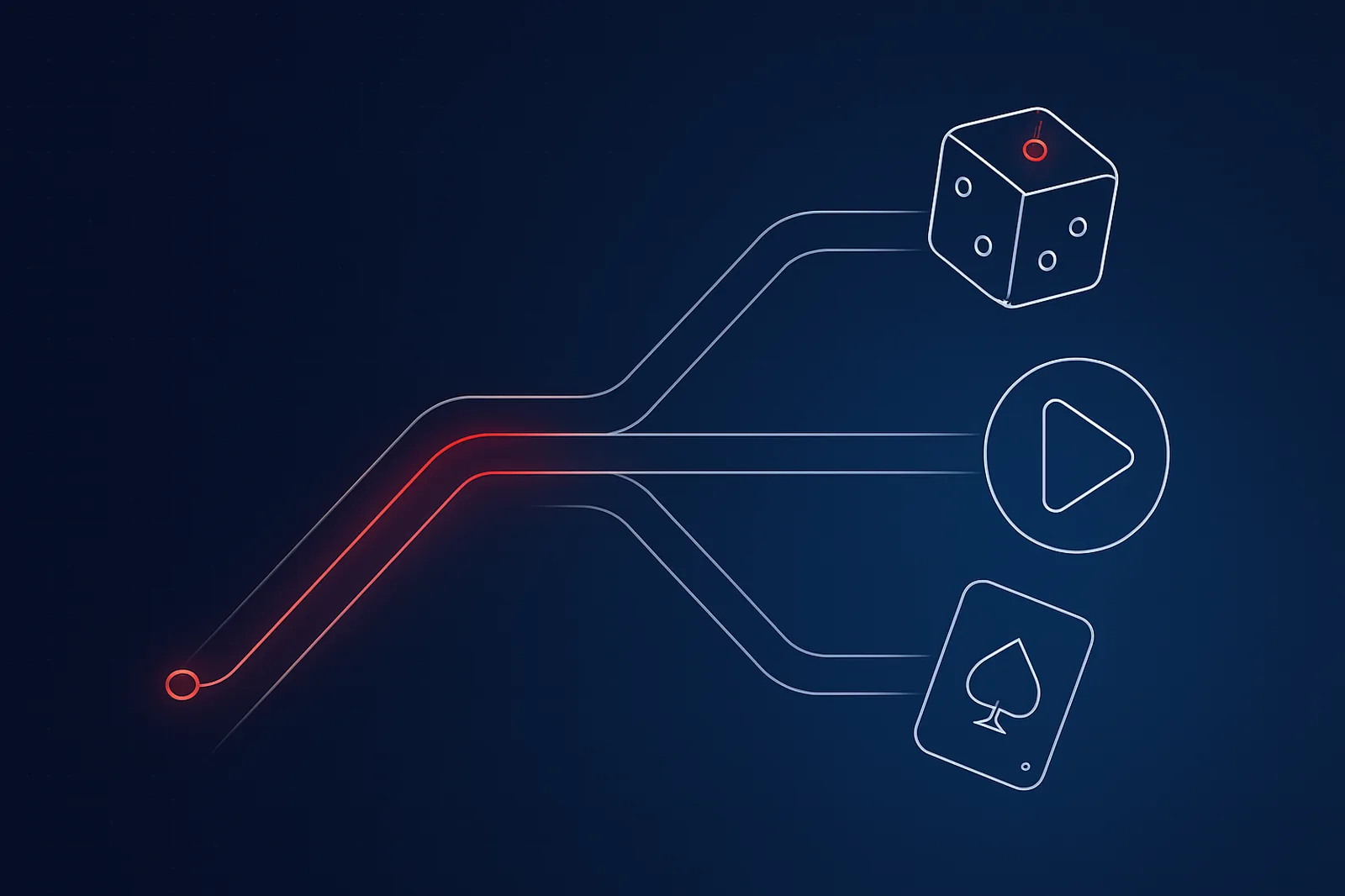 Abstract geometric illustration of three routes to launching an online casino — white label, turnkey and your own licence