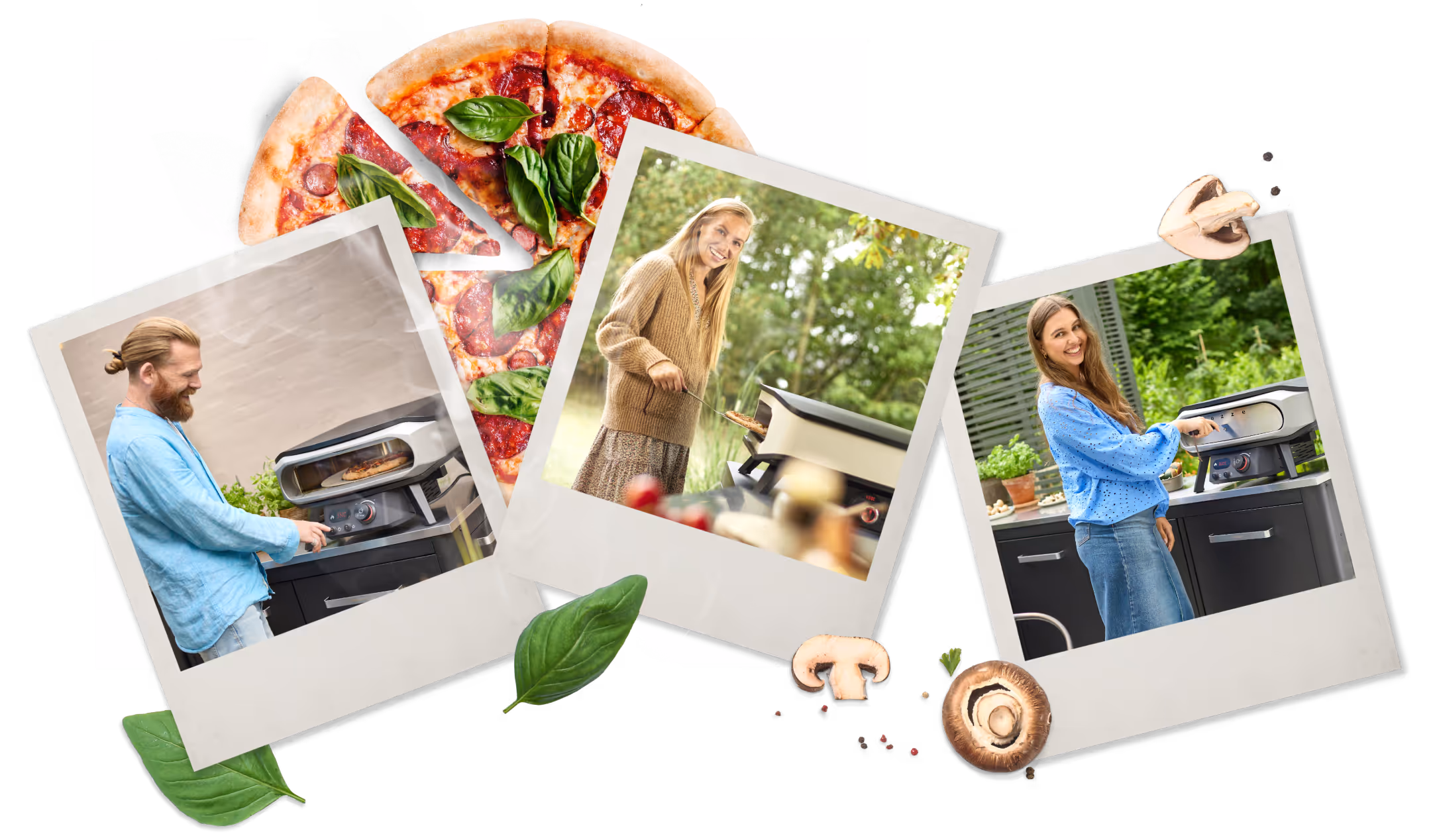 A collage of photos of a man and a woman cooking pizza.