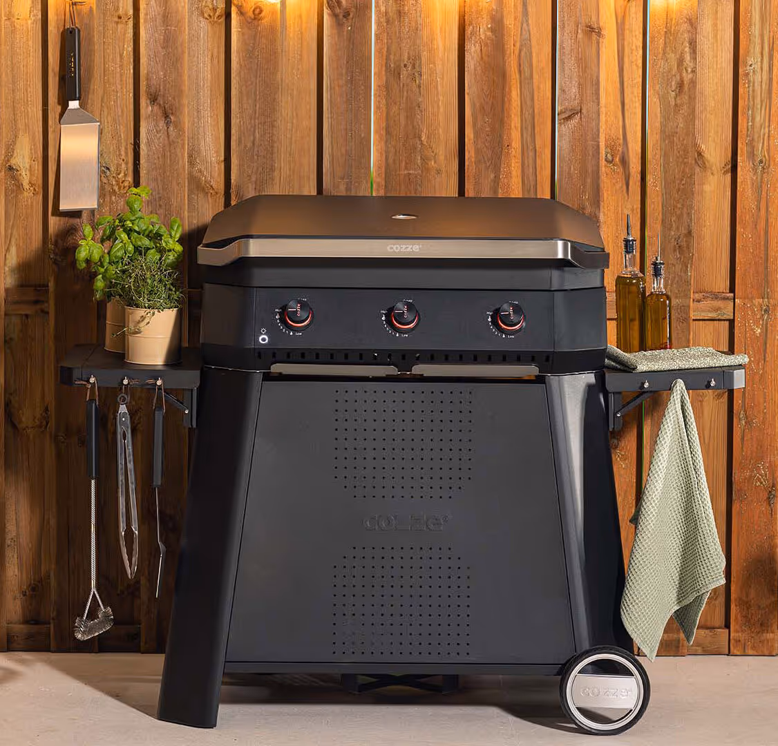 A grill with a towel and a potted plant next to it.