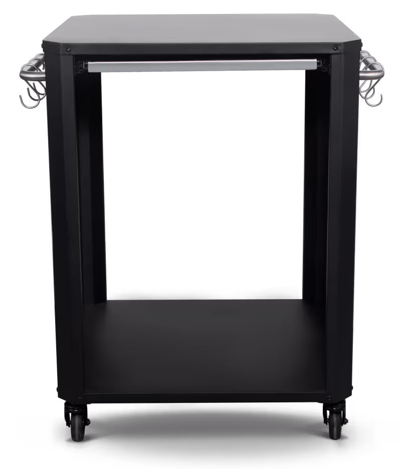 A black shelf with a metal handle on it.