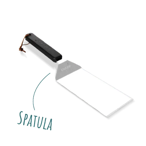 A spatula with a black handle and a white board with the word spatula.