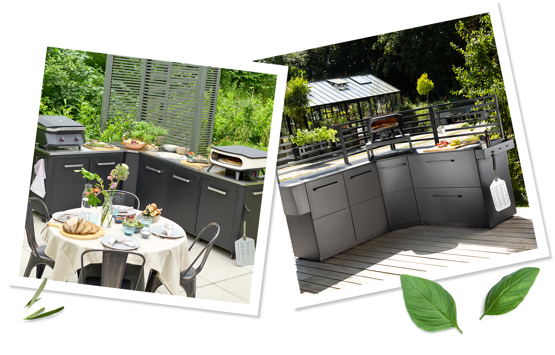 Two outdoor kitchen setups with charcoal grills, one with a table set for dining and the other on a wooden deck with pizza oven.