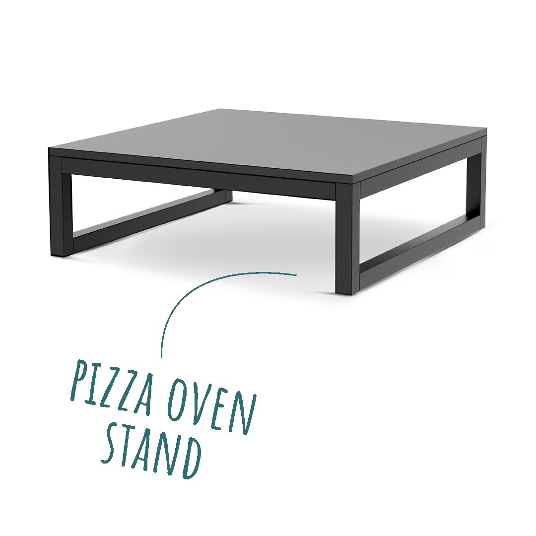 Modern square metal pizza oven stand with an open frame design.