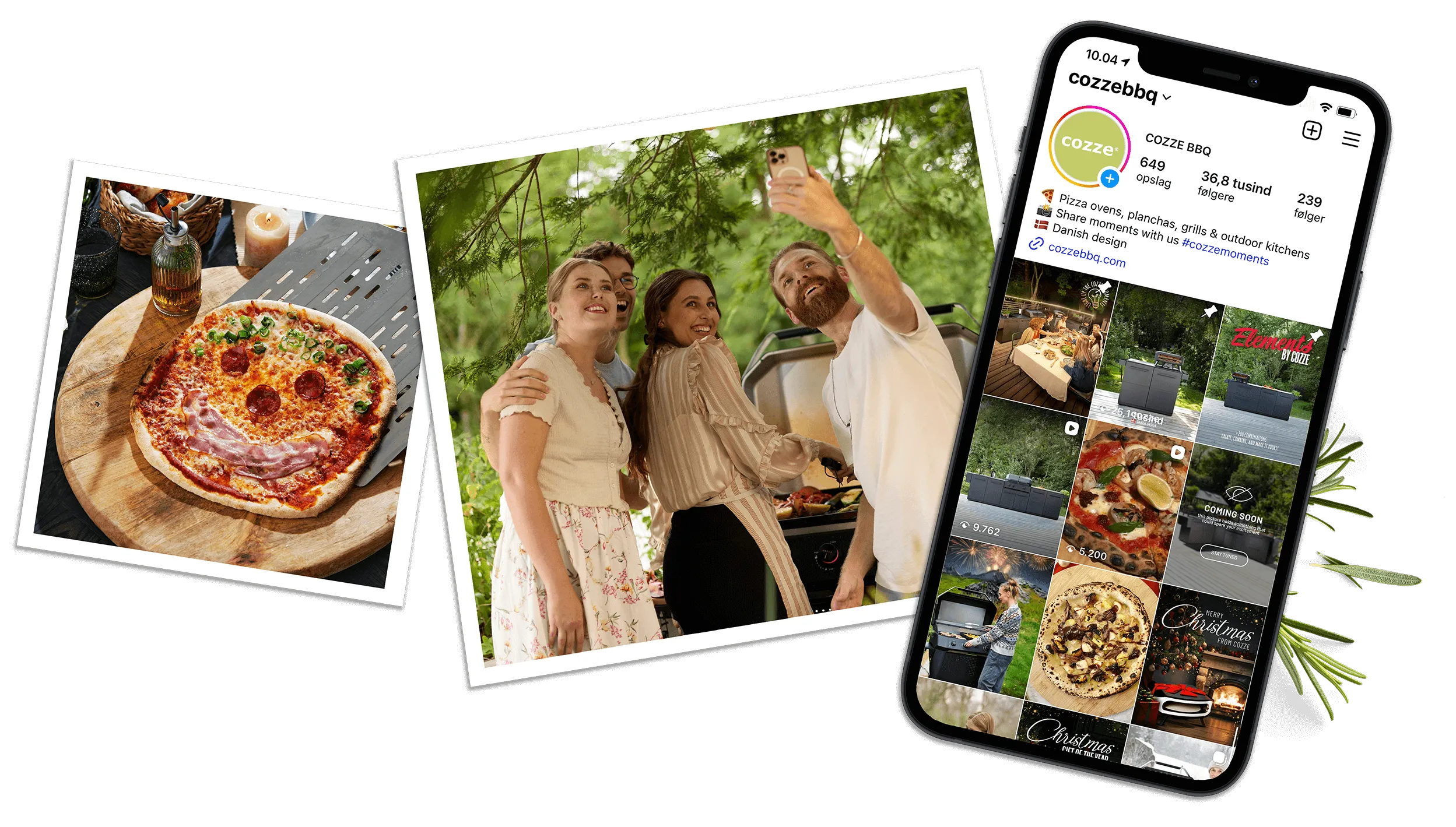 Photo collage showing a smiling pizza on a wooden board, four people taking a selfie outdoors by a grill, and a smartphone displaying the Cozze BBQ Instagram profile.