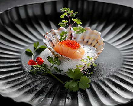 Gourmet dish with vegetables and garnish