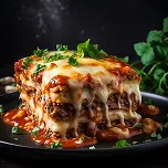 Close-up of a layered lasagna slice topped with melted cheese, herbs, and tomato sauce on a black plate with green garnish in the background.