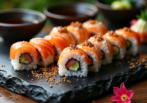 Plate of salmon sushi rolls arranged on a black slate with sesame seeds sprinkled on top, accompanied by small bowls in the background and pink flowers on the table.