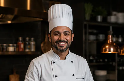 Smiling male chef with a beard wearing a tall chef's hat in a kitchen