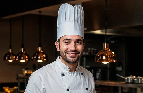 Smiling male chef with a beard wearing a chef's hat in a kitchen