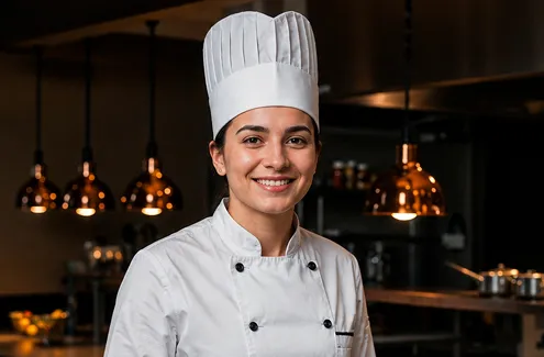 Smiling female chef in a chef's hat standing in a restaurant kitchen