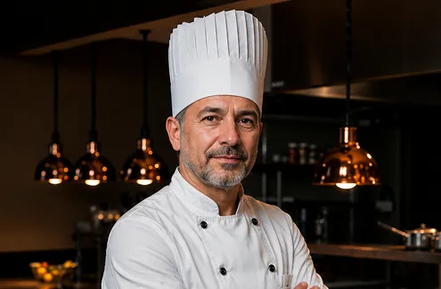 Male chef with arms crossed wearing a chef's hat in a restaurant kitchen
