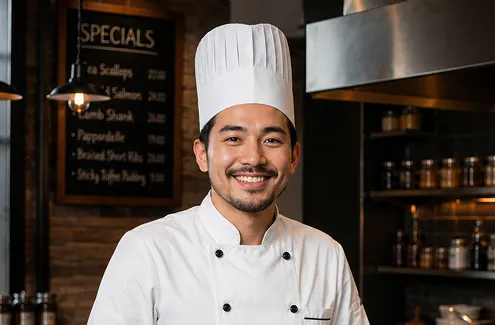 Smiling male chef wearing a tall chef's hat in a restaurant kitchen